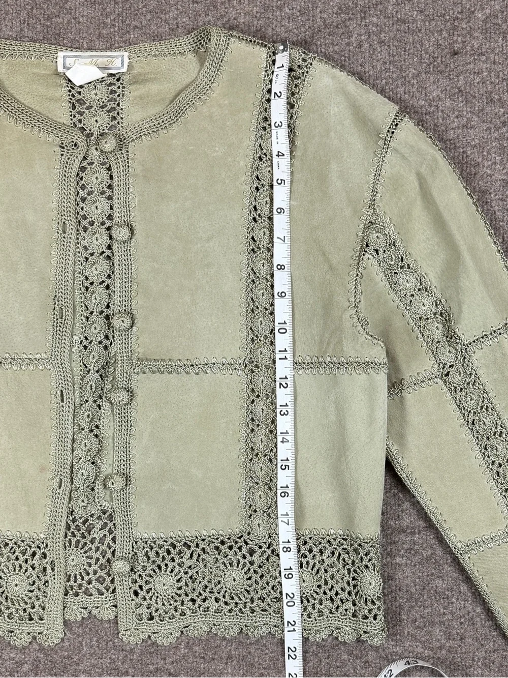 Vintage Sage Green Suede Leather Patchwork Crochet Cardigan Jacket Women’s Large